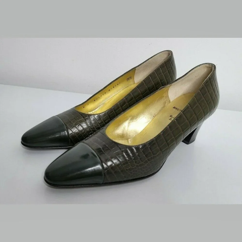 BRUNO MAGLI Womens 7 Green Lizard Print Heels Cuir Leather Pump Shoes Italy Made